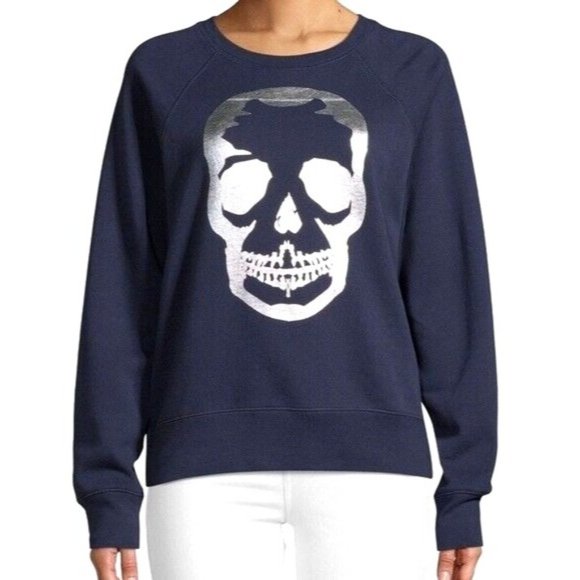 Zadig & Voltaire Tops - Zadig & Voltaire Navy Blue And Silver Skull Strass Crewneck Sweatshirt Size M